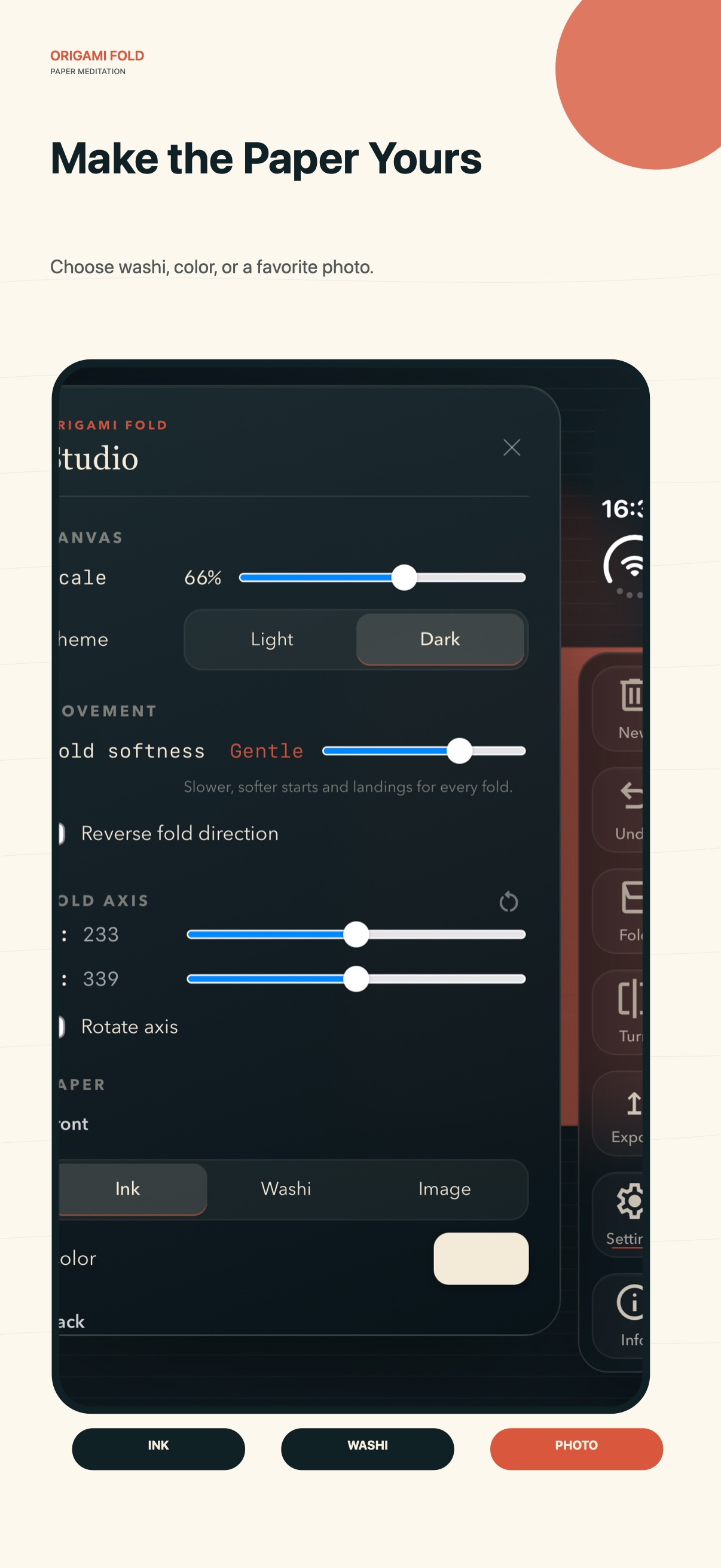 Paper style controls with ink, washi, and photo options