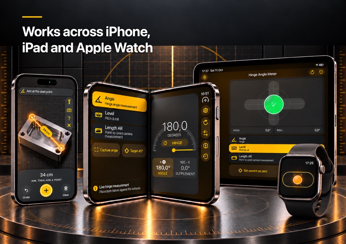 Hinge Angle Meter running across iPhone, iPhone Duo, iPad and Apple Watch